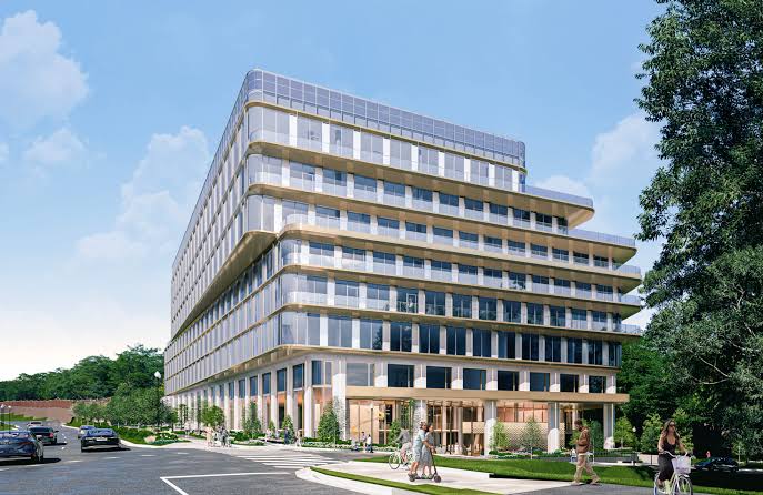 Architectural rendering of a modern mid-rise condominium building
