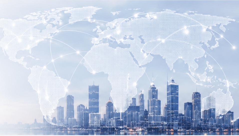 Illuminated world map with global connection lines over a city skyline