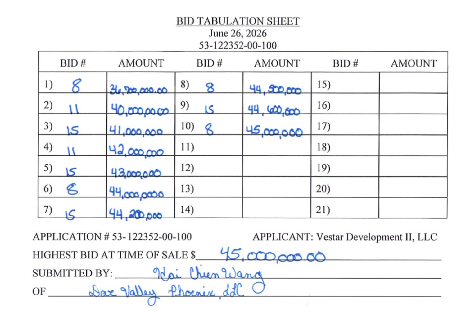 Arizona State Land Department bid tabulation sheet for the June 26, 2026 north Phoenix land auction