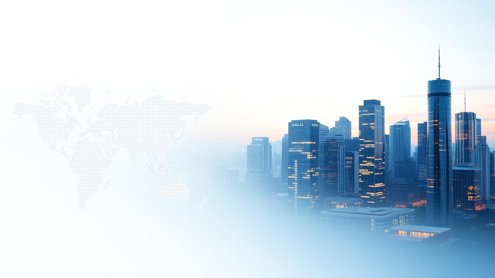 Illuminated world map with global connection lines over a city skyline