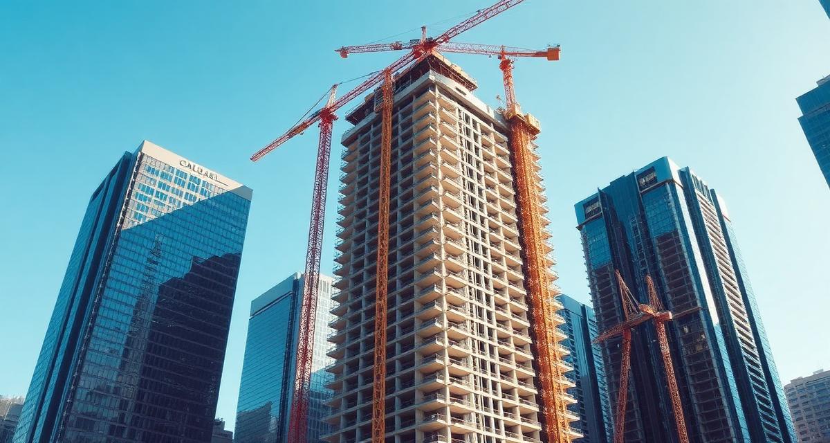 High-rise building under construction with tower cranes
