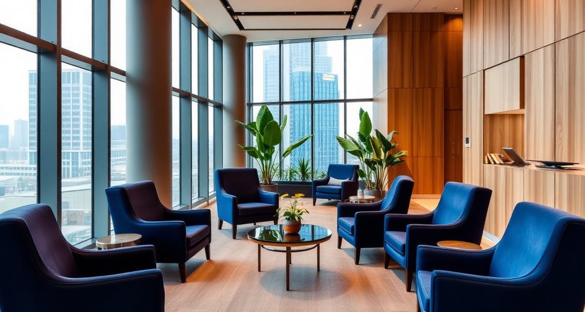 Modern office lobby lounge with city views
